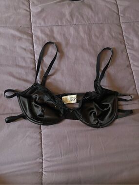 Black Satin Underwire Bra with Strappy Details